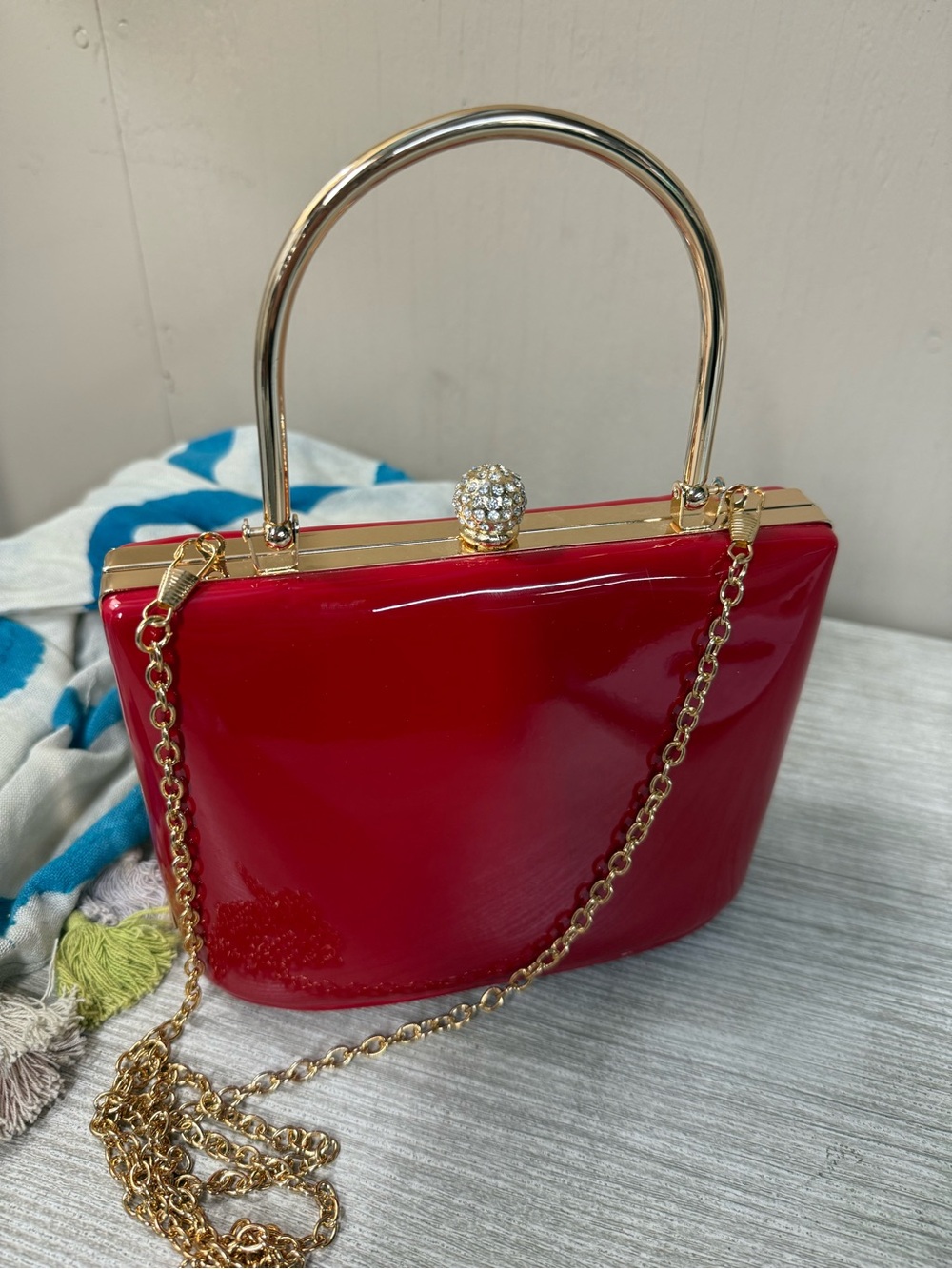 Red Patent Top-Handle Evening Bag with Gold Hardware & Removable Chain Strap